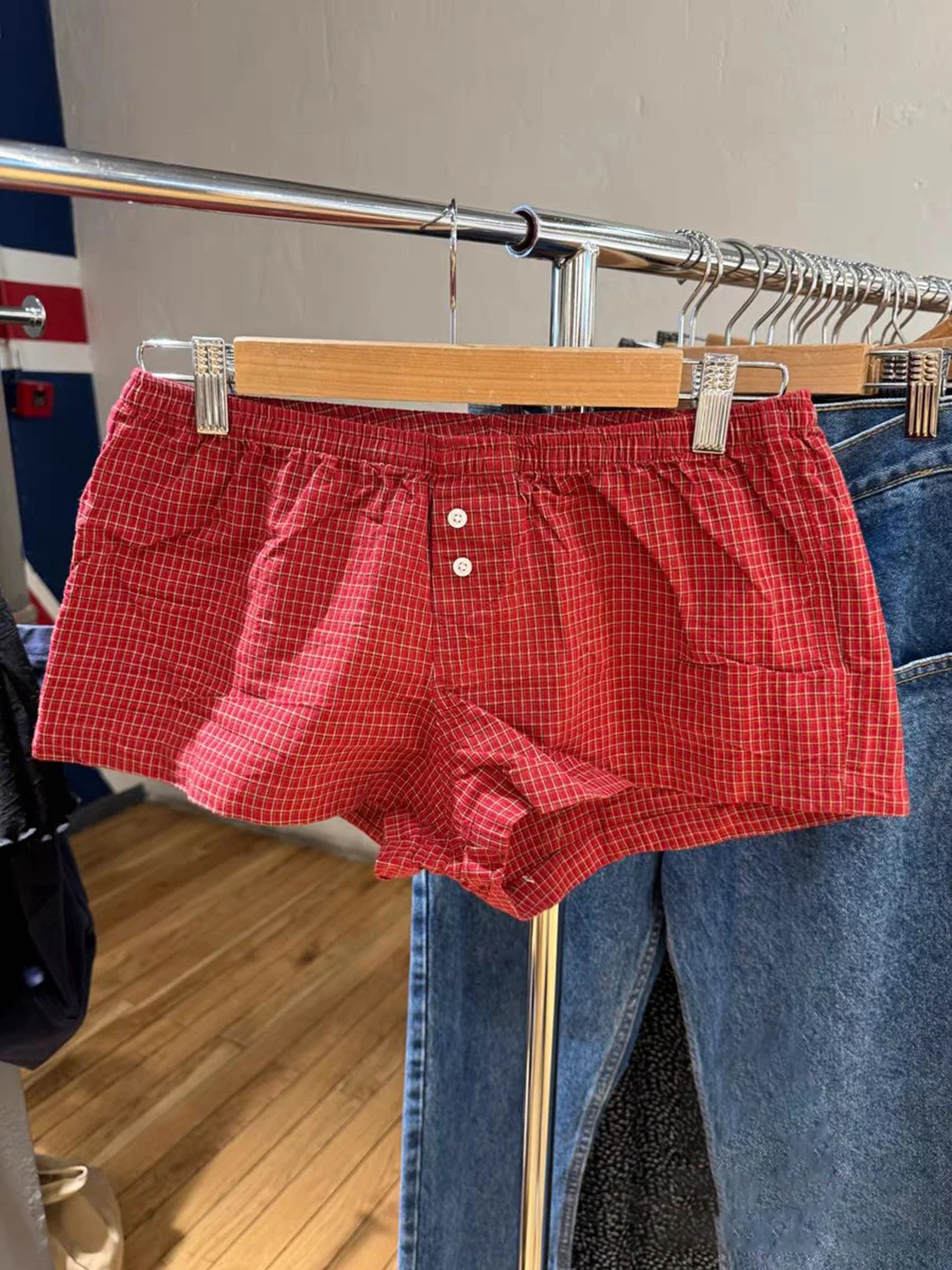 Red Plaid Straight Shorts Women Summer Elastic Waist Buttons Casual Sweet Short Pant Cotton Y2k Pants Vintage Home Underwear