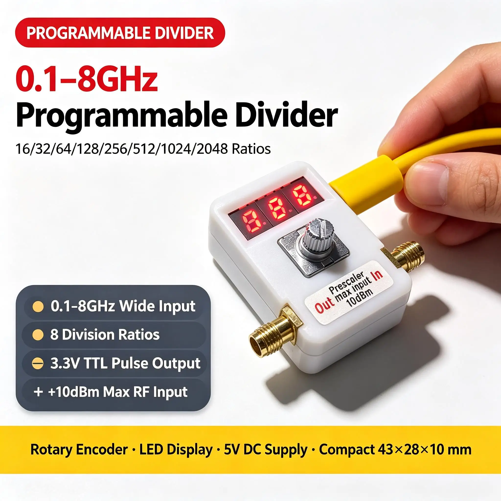 100MHz-8GHz RF Divide by 8 Prescaler Programmable Frequency Divider 16/32/64/128/256/512/1024/2048 Division Ratios W LED Display
