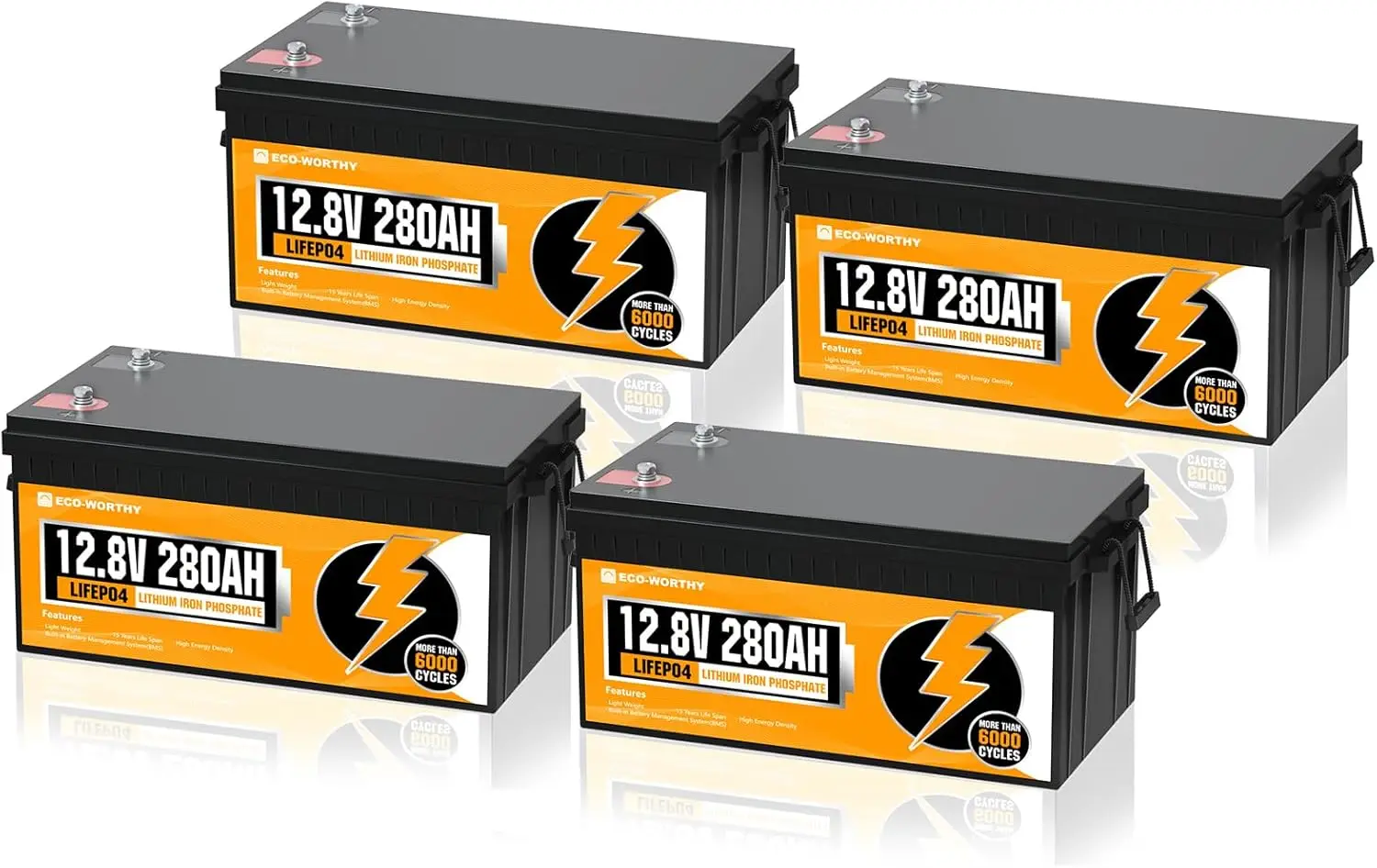 48V 280Ah (4 Packs) LiFePO4 Lithium Battery 6000+ Deep Cycles 14.34kWh Energy for RV Off-Grid Solar Power System