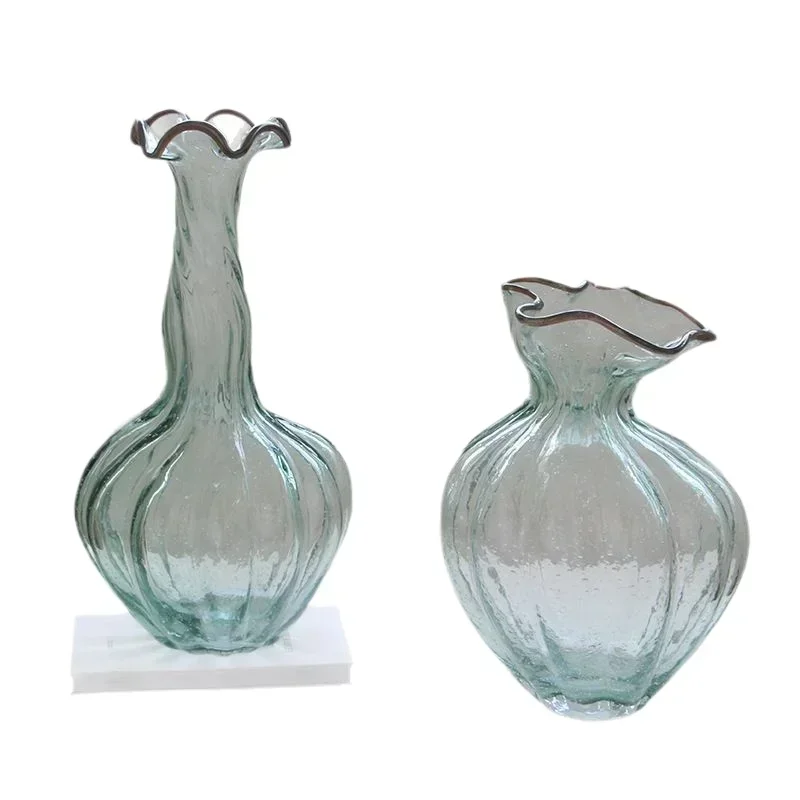 

Скандинавская ваза ручной работы с волнистым краем, зеленая, в форме тыквы, с изогнутым горлышком, для декора гостиной и модельных комнат