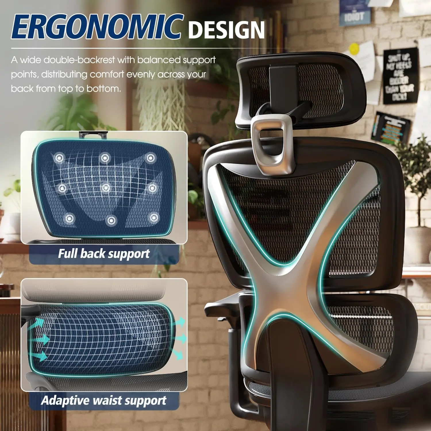 Ergonomic Office Chair, Big and Tall Mesh Chair with Lumbar Support, 3D armrest - 215° Rotation, Adjustable Headrest  Soft Seat