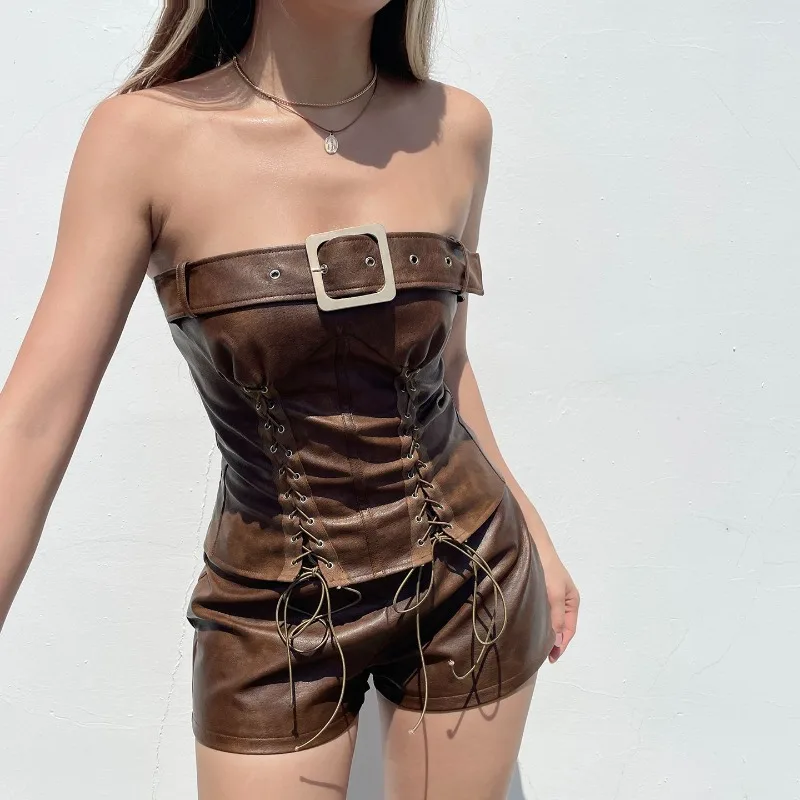YYAHAHAS Post-Apocalyptic Style Metal Buckle Belted PU Leather Off-the-Shoulder Bodycon Slimming Bustier for Women