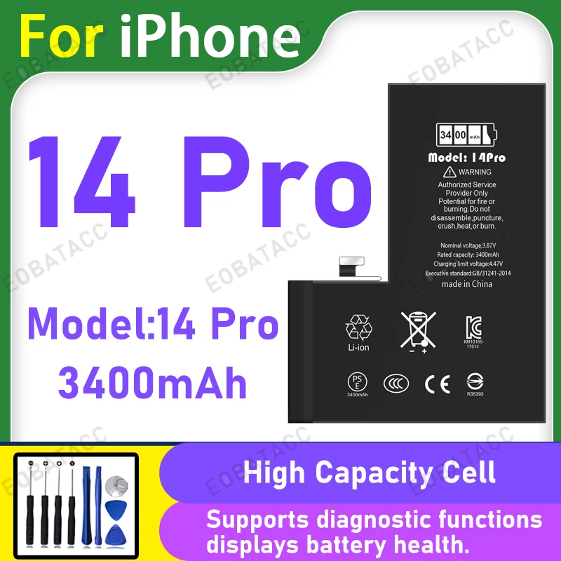 Batería de diagnóstico de 3400mAh con visualización de número de pieza genuino, sin mensaje emergente, para iPhone 14 Pro, reemplazo de alta calidad