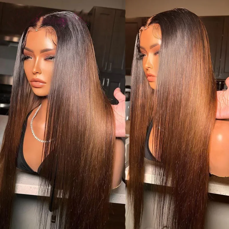 

26Inch Ombre Brown Long Soft Straight Glueless 180Density Lace Front Wig For Women With Baby Hair Preplucked Daily