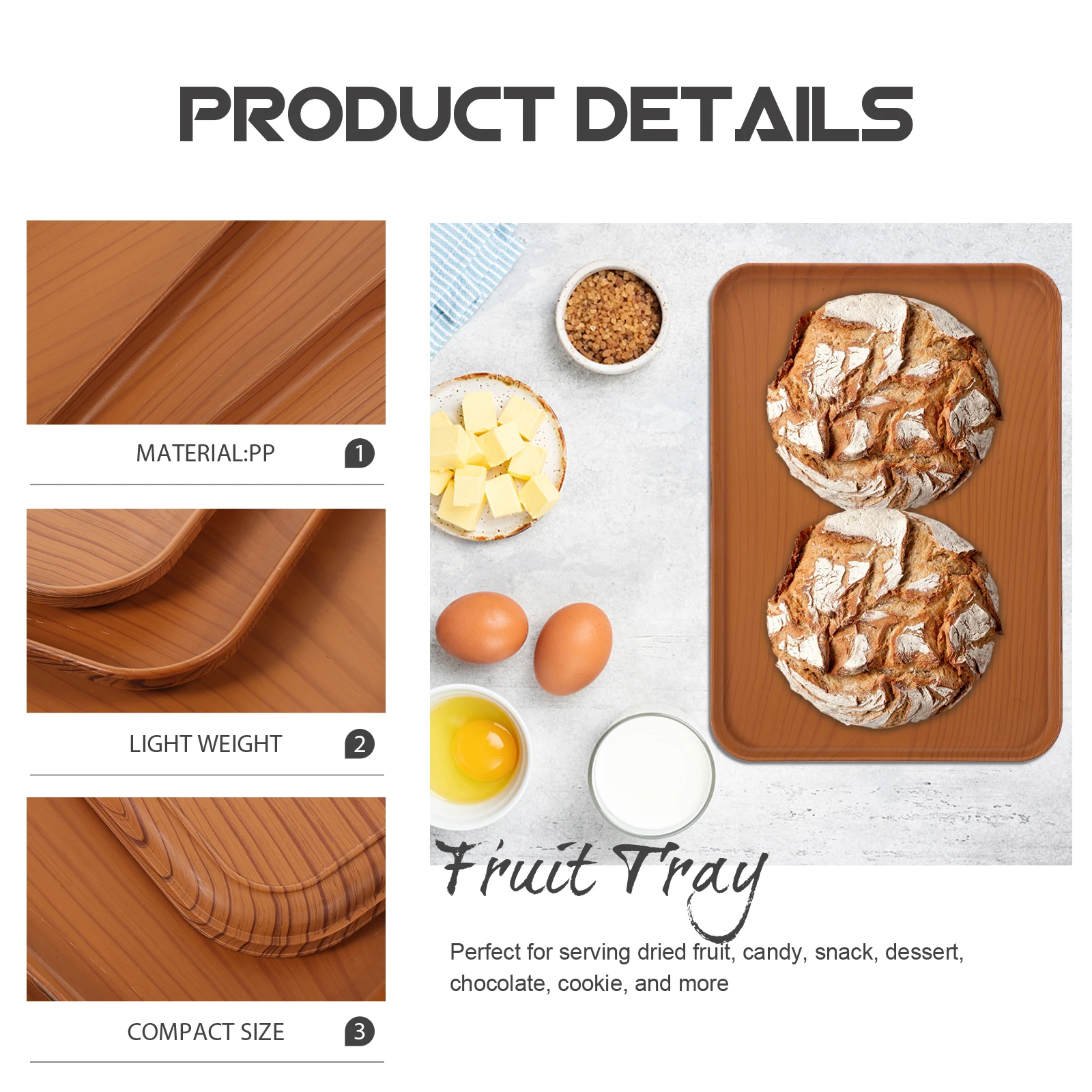 

3pcs Imitation Wood Grain Fruit Serving Tray Multi-Function Snack Storage Plate Plastic Cake Tray Household Party Supplies