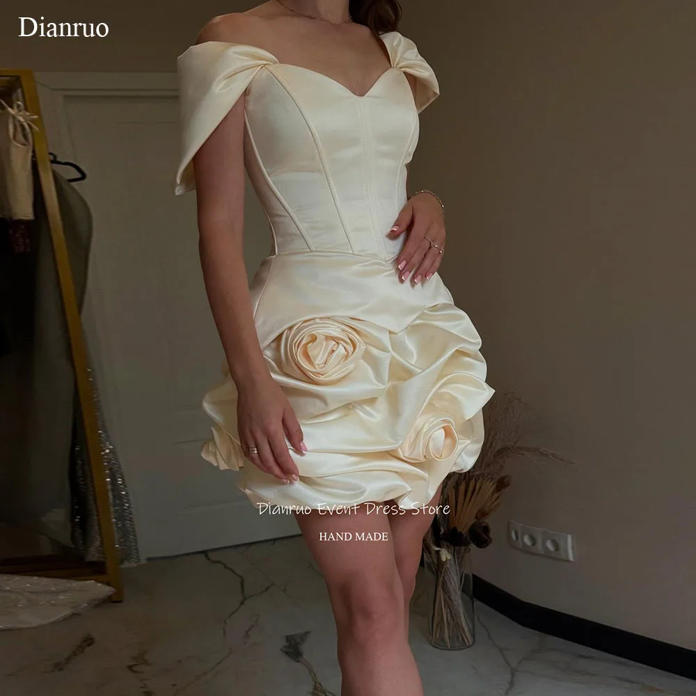 

Dianruo Rose Appliqués Prom Dress Fitted Bodice Off Shoulder Satin Pleated Cocktail Dress Mini Dresses 2025 Woman Customized