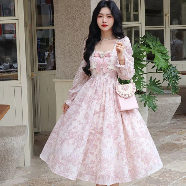 Robe rose élégante à manches longues pour femmes, nouvelle collection été 2021, col carré, avec nœud, Y2k, e-girl, taille haute, 2025