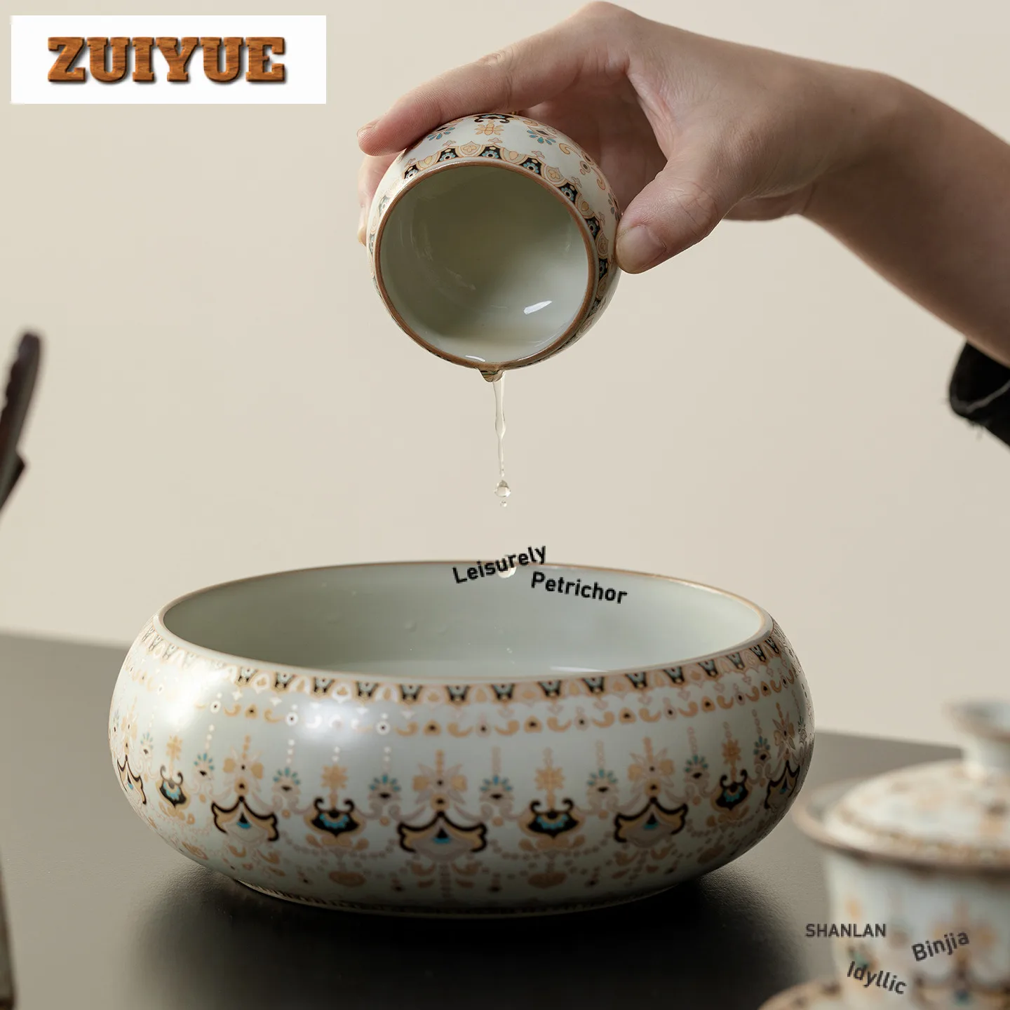 

1000ml Beige Ru Kiln Dunhuang Jianshui Tea Wash Tea Residue Bucket Water Washing Slag Tank Chaxi For Tea Supplies Ornaments