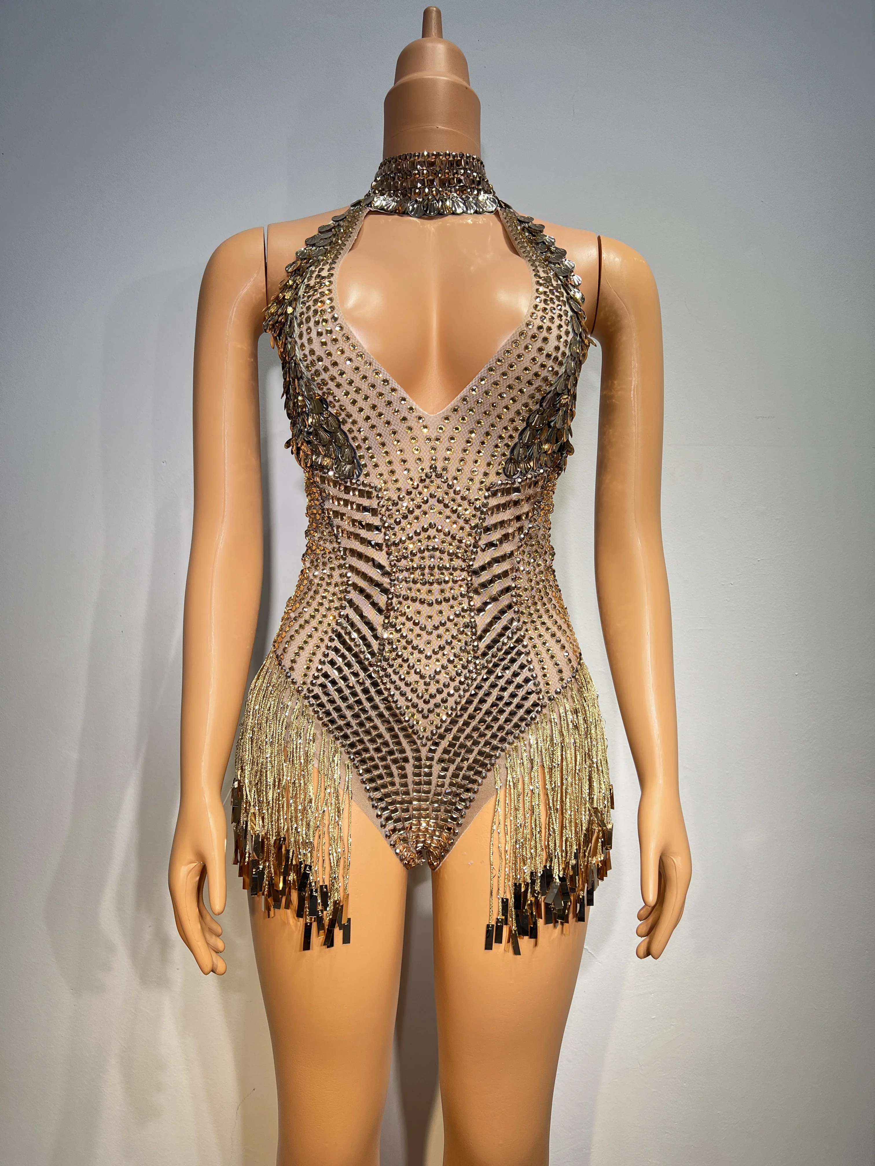 ทอง Leotard Rhinestones Sequins Fringes บอดี้สูทวันเกิดฉลองชุดราตรีเซ็กซี่เต้นรํา Leotard jinbaobei