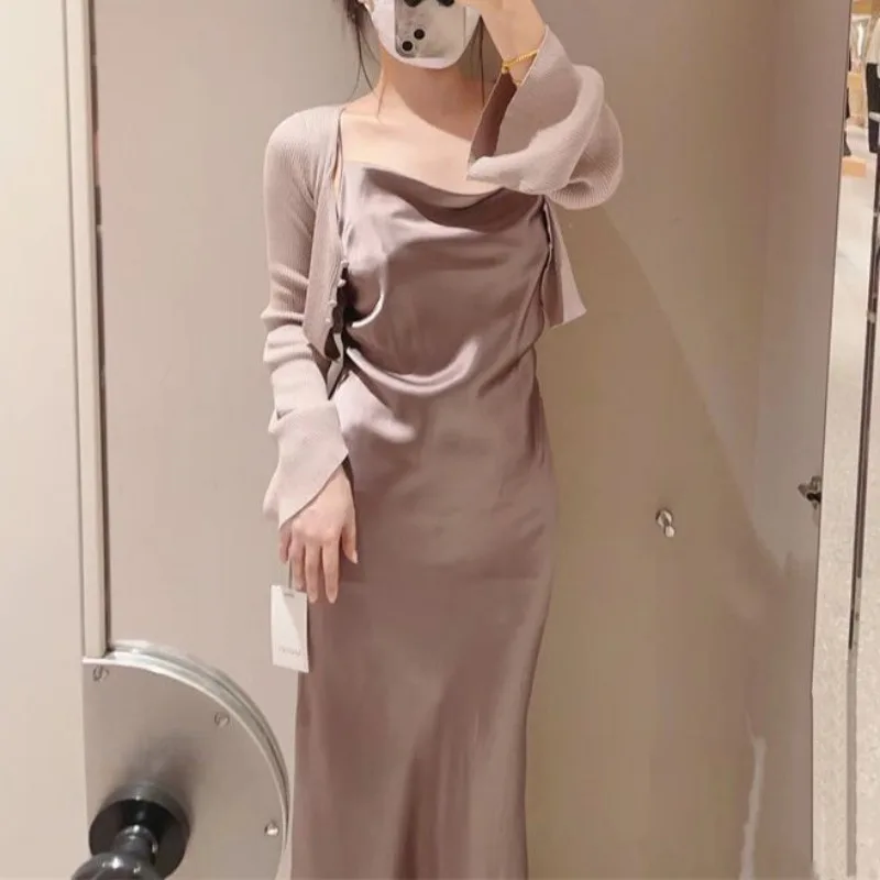 Sexy Satin Strap Ärmelloses Kleid + einreiher Pullover Strickjacke Backless Elegante Dünne Zwei-stück Set Japanische Herbst Frauen