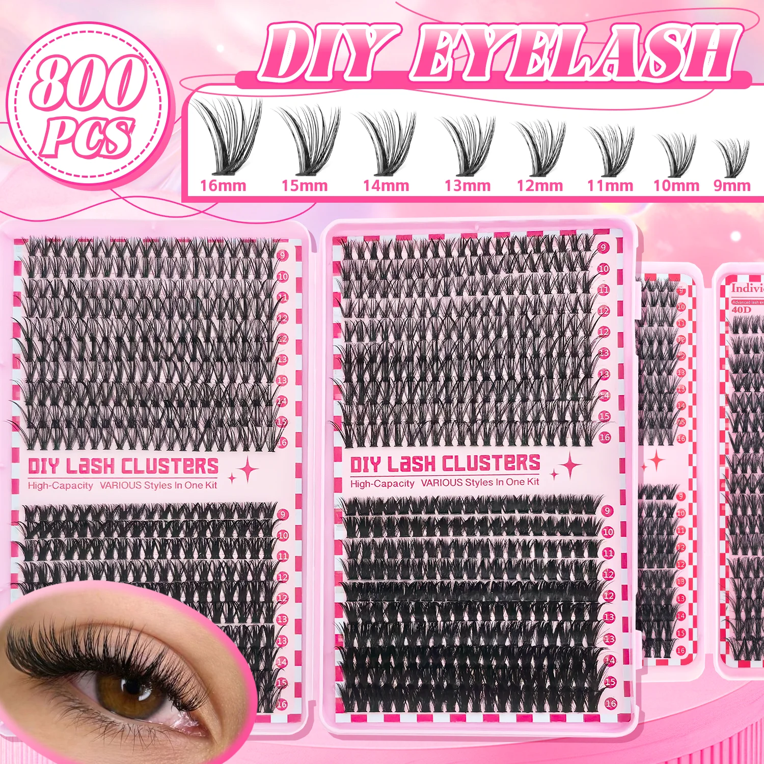 Kit de racimo de pestañas, 740/800 Uds., longitudes mixtas, extensiones de pestañas ultraligeras e impermeables, maquillaje Natural diario o aspecto Glam dramático