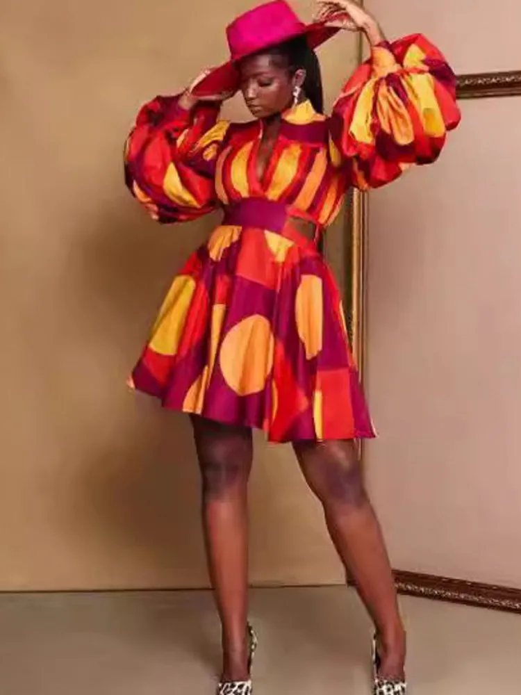 

Ankara Printed African Dress For Woman 2024 Spring Summer Africa Clothes Lantern Sleeves Fashion Casual A-line Dress Sexys