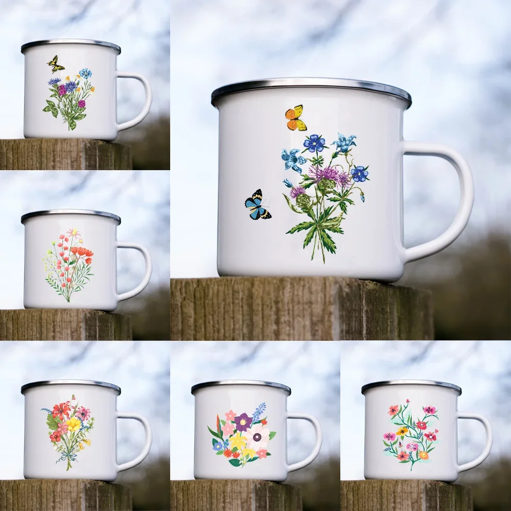 Tazas de café esmaltadas con estampado de flores creativas para acampar en primavera, para beber jugo, tazas de cacao, tazas de leche para el desayuno para estudiantes y niños