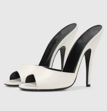 

Drop Shipping Summer Women White Pink Leather Peep Toe Slip On Slippers Female Thin High Heel Shallow Stiletto Mules Party Shoes