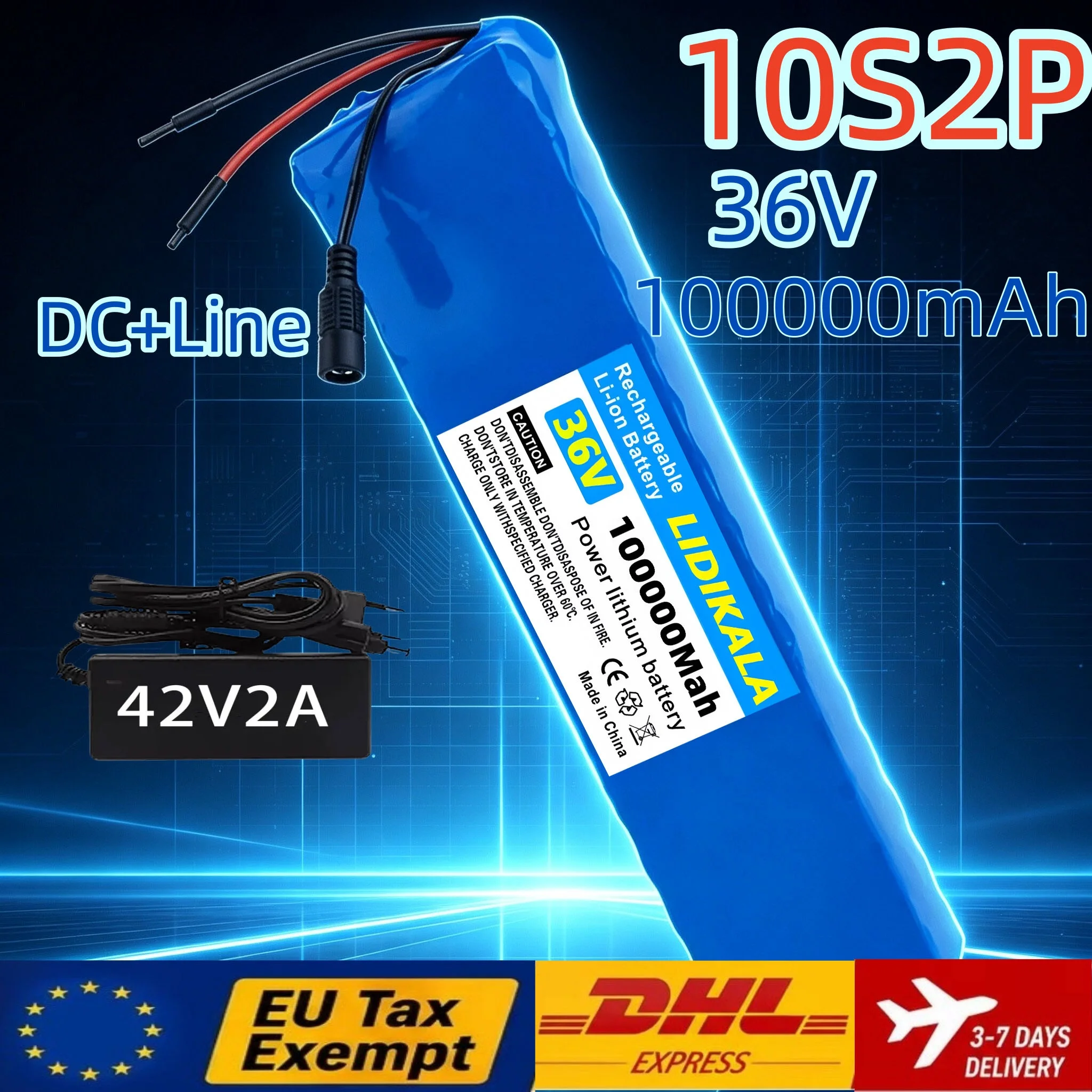 10S2P 36V 100000mAh Lithium-Ionen-Akku mit integriertem BMS-Kabel + DC-Stecker mit 42V 2A Ladegerät für E-Bike, Scooter, Elektrofahrrad, Rollstuhl