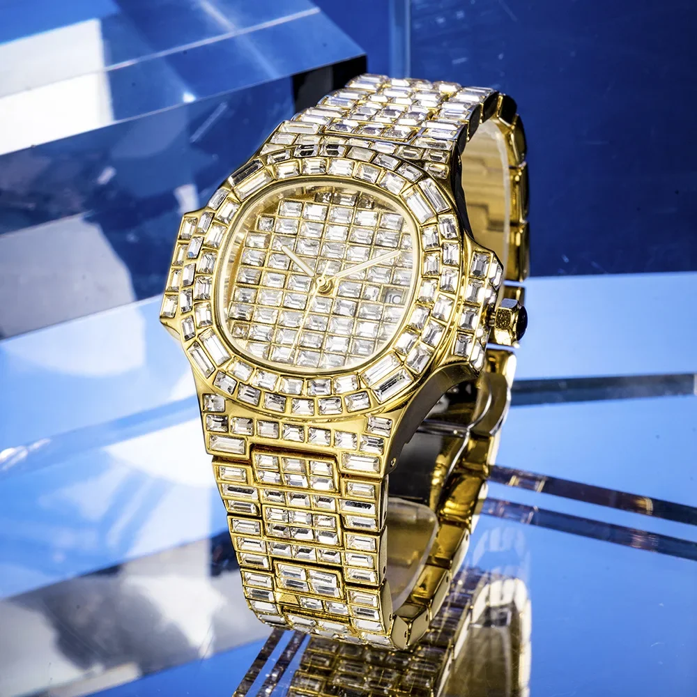 

Full Iced Out Watches For Men Luxury Handmade Diamond Stainless Steel Watch Fashion Quartz Movement Waterproof Male Clock Gift