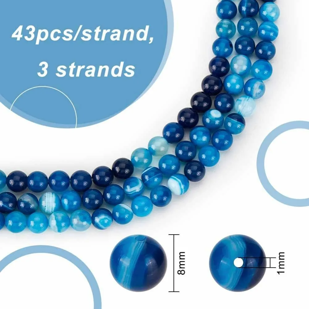 129 Pcs/3 Strands 8mm Natural Blue Lace Agate Beads Natural Striped Agate Beads 1mm Hole Dyed Gemstone Round Beads Gemstone