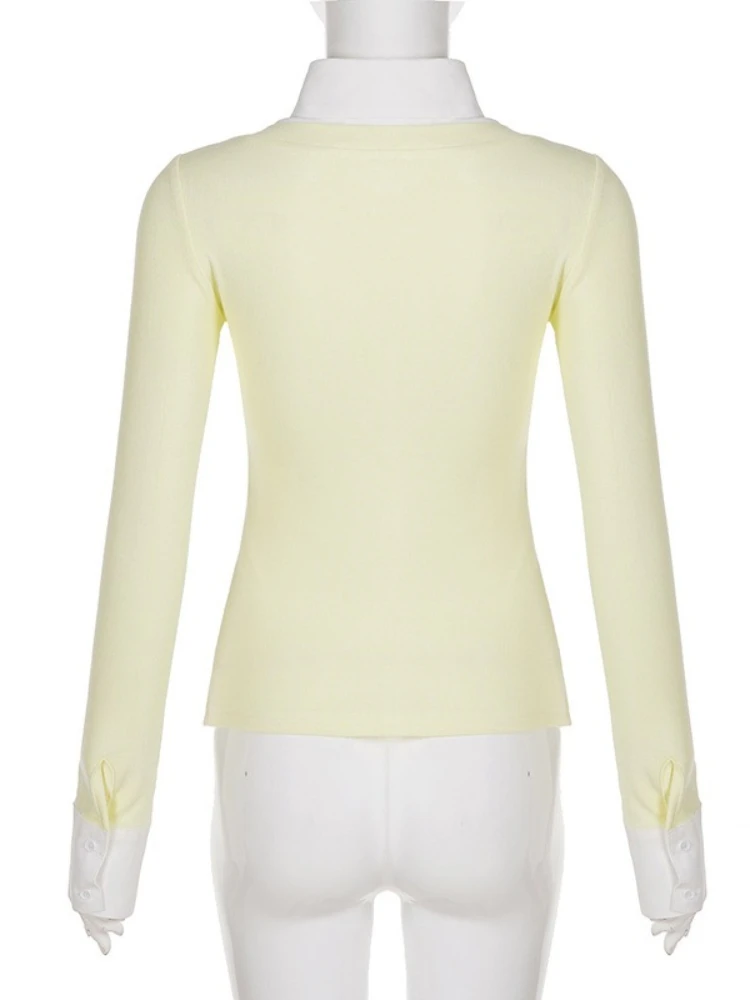 SsTss الحلو الكورية نمط متماسكة للنساء موضة كتلة اللون وهمية قطعتين رفض طوق كم طويل سليم البلوز القمم #6