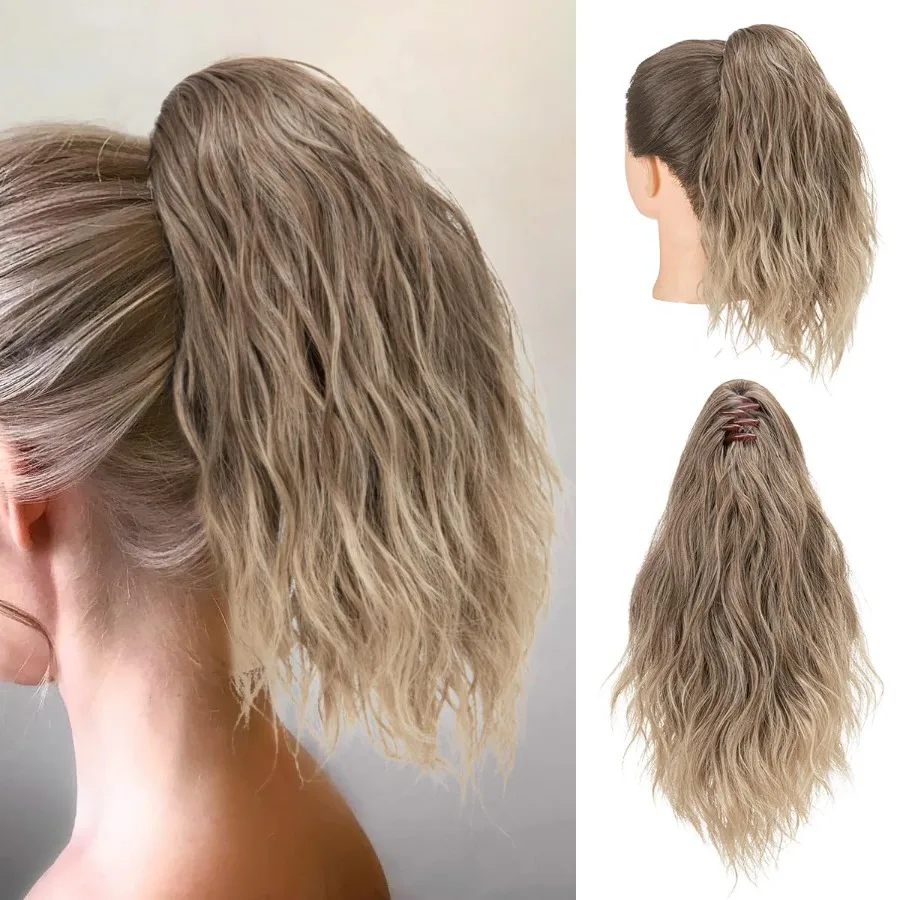 SARLA قصيرة ذيل حصان تمديد مخلب كليب في 13 بوصة رقيق الاصطناعية مجعد متموج ذيل حصان هيربيسي للنساء البني إلى الرماد Blon