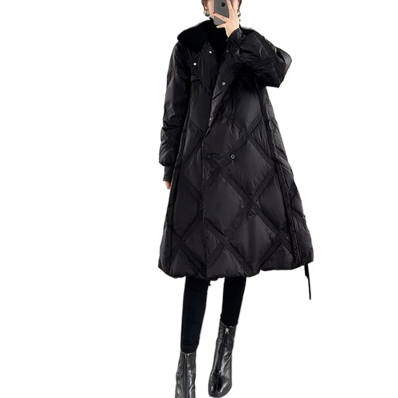 Factory Direct Sales Black Rhombus Down Cotton Clothes Women's Winter New Korean Version Loose and Thin Medium and Long Coat