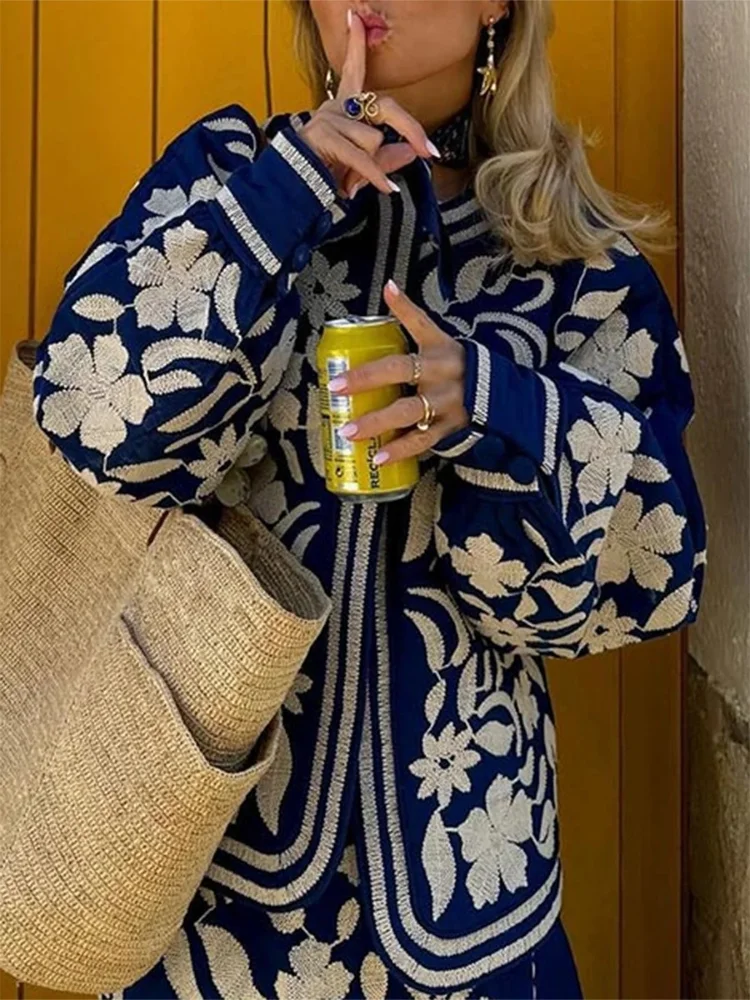 Women'S Retro Open Front Printed Embroidered Jacket Lightweight Casual Long Sleeve Autumn Street Fashion Cardigan