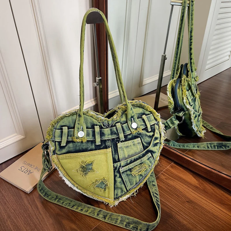 

Chic Denim Heart-shaped Underarm Bags for Women 2025 Y2K Cool Girl Shoulder Bag Female Large Capacity Handbags