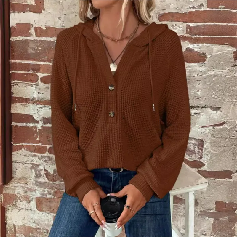 

Casual Daily Hoodie Pullover Tops for Women 2025 Autumn Waffle Oversized Solid Color Button Long Sleeved V-neck Streetwear
