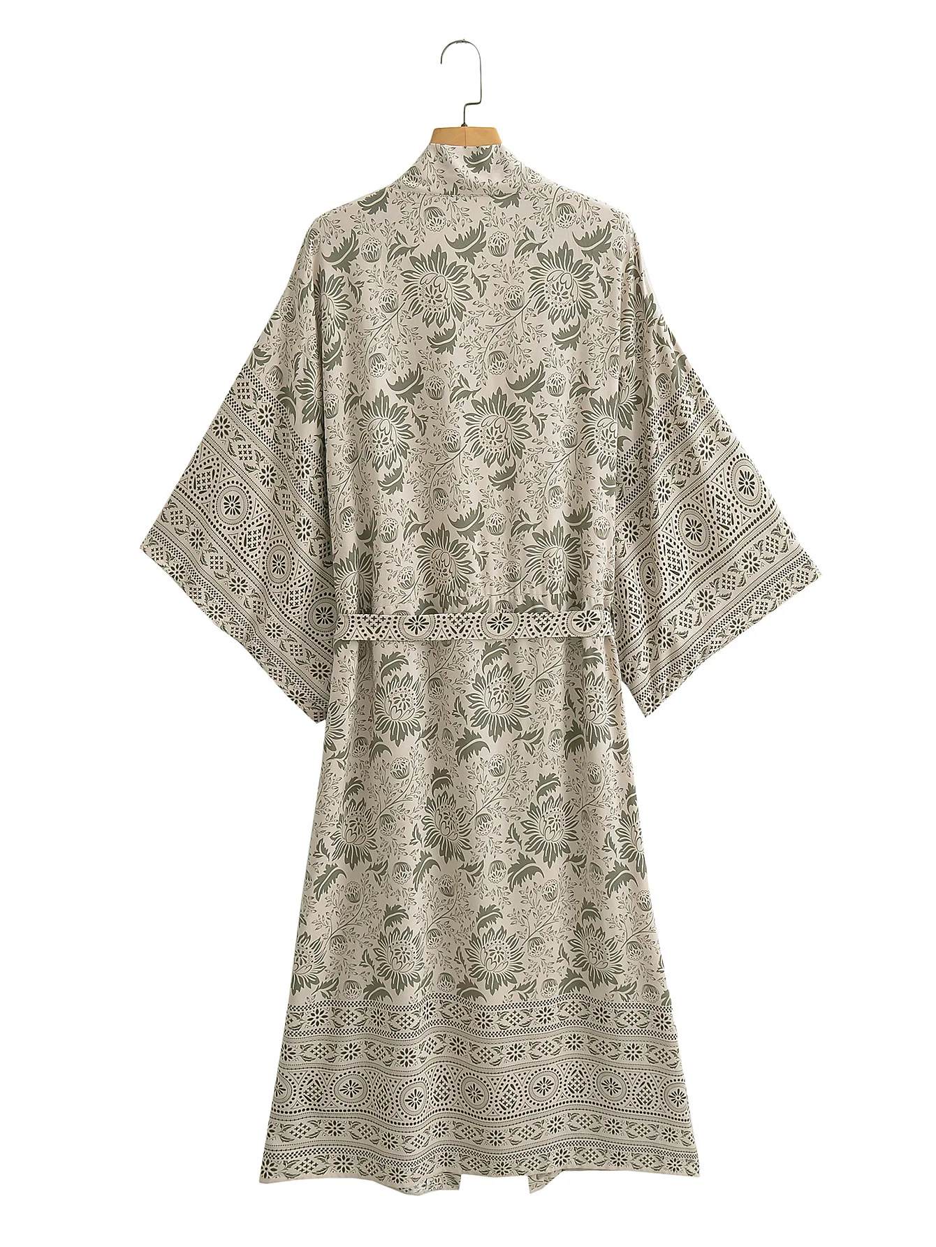 2026 Spring Women's Cotton Kimono Sleeve Cardigan Coat Medium Length Watermark Print European Style Woolen Outerwear