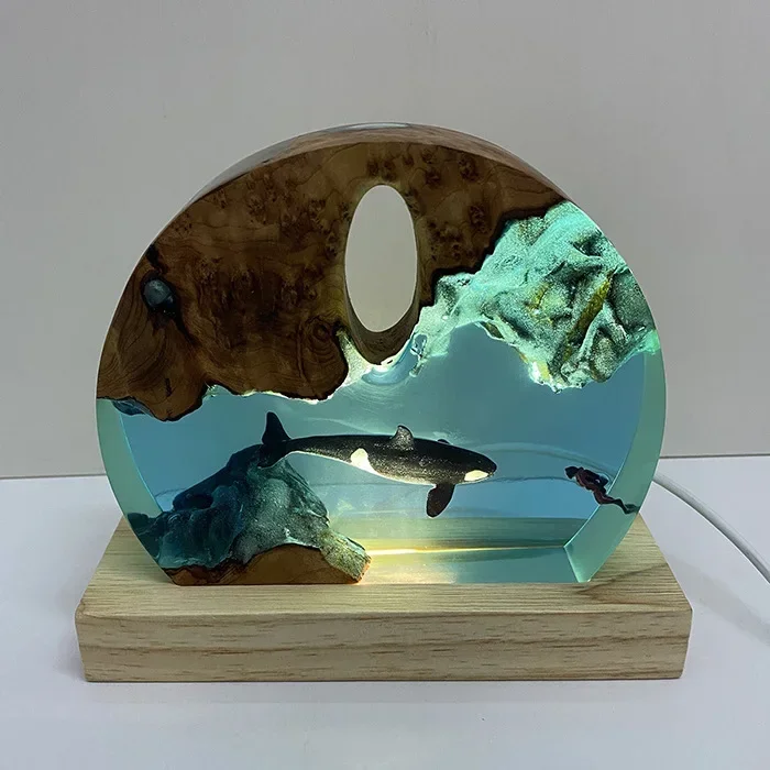 زخرفة من الراتنج الخشبي الصلب، قاتل المحيط الأزرق، الحوت غواص، زخرفة فنية منزلية، ضوء ليلي، ضوء محيط، هدية العيد