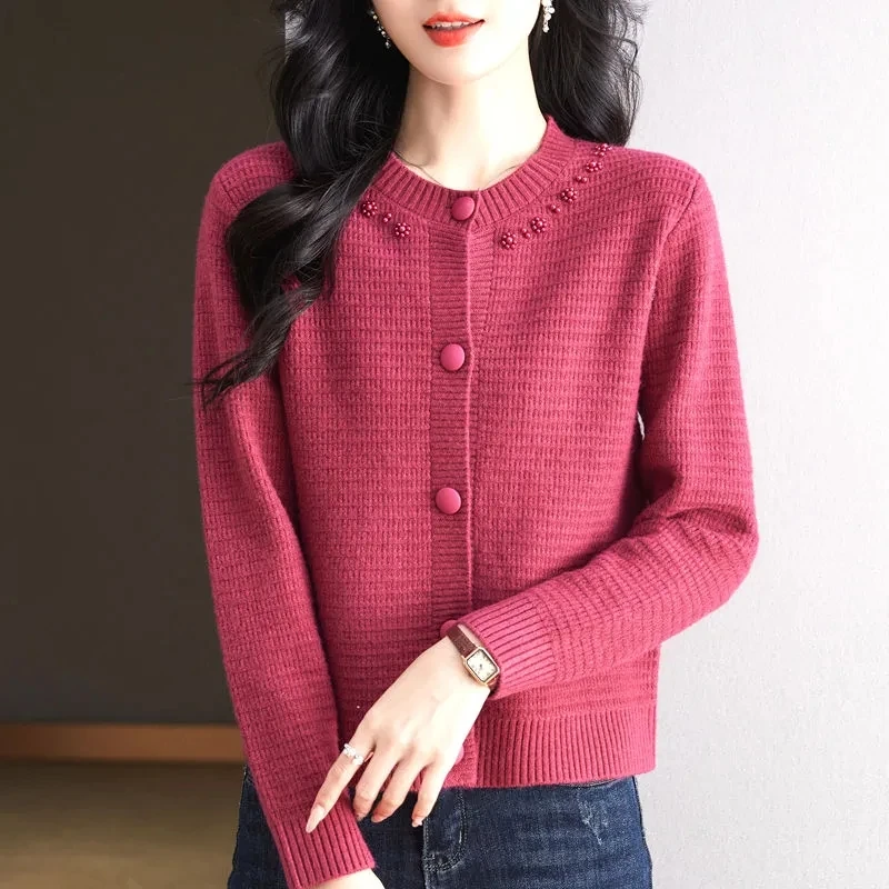 Women New O-neck Knitted Cardigan Fashion Short Sweater Coat New Spring Autumn Slim O-neck Beading Cardigan Sweater Jacket