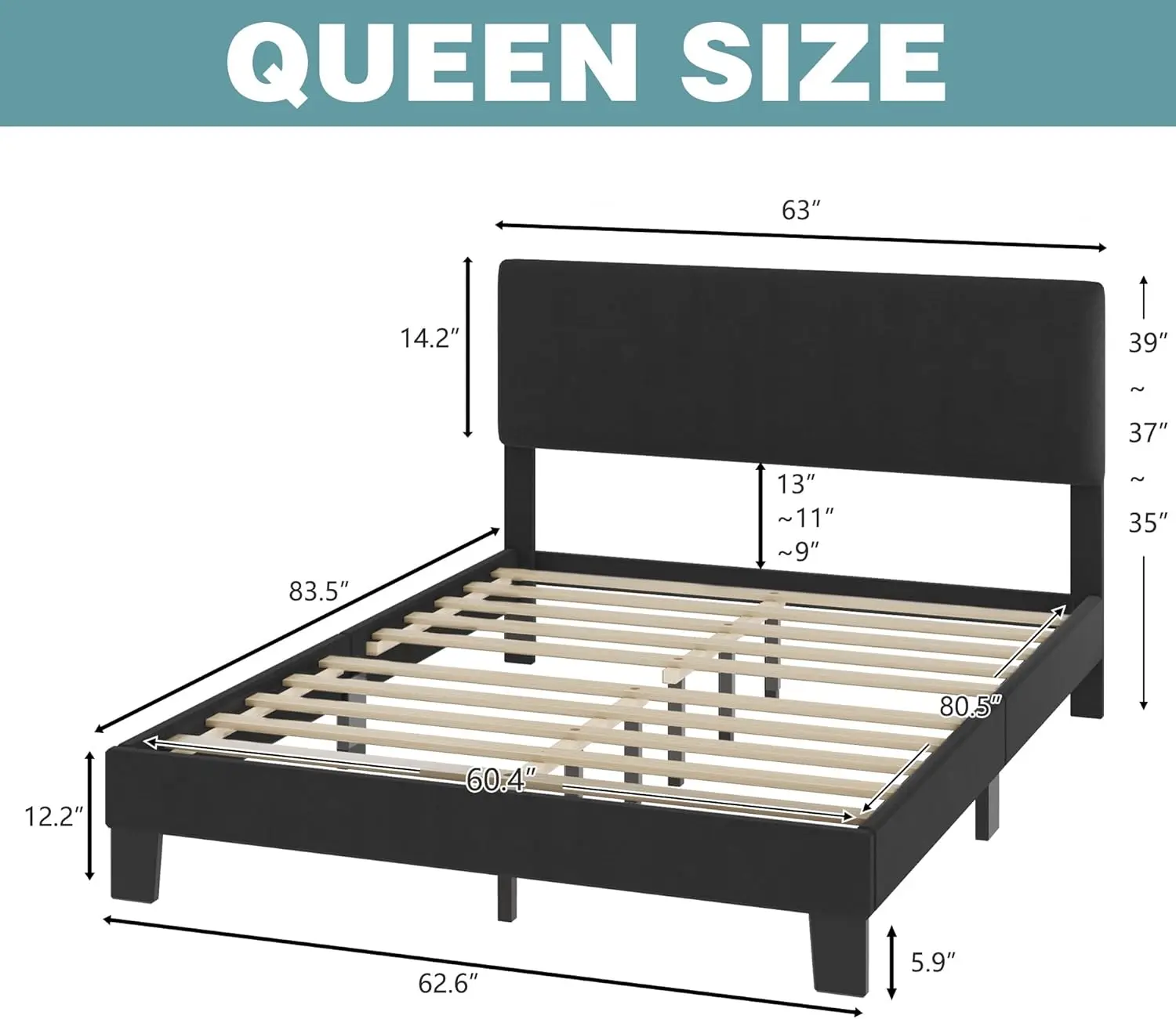 Large bed frame with headboard, wooden support, no need for box springs, heavy-duty foot pads, easy to assemble, dark gray