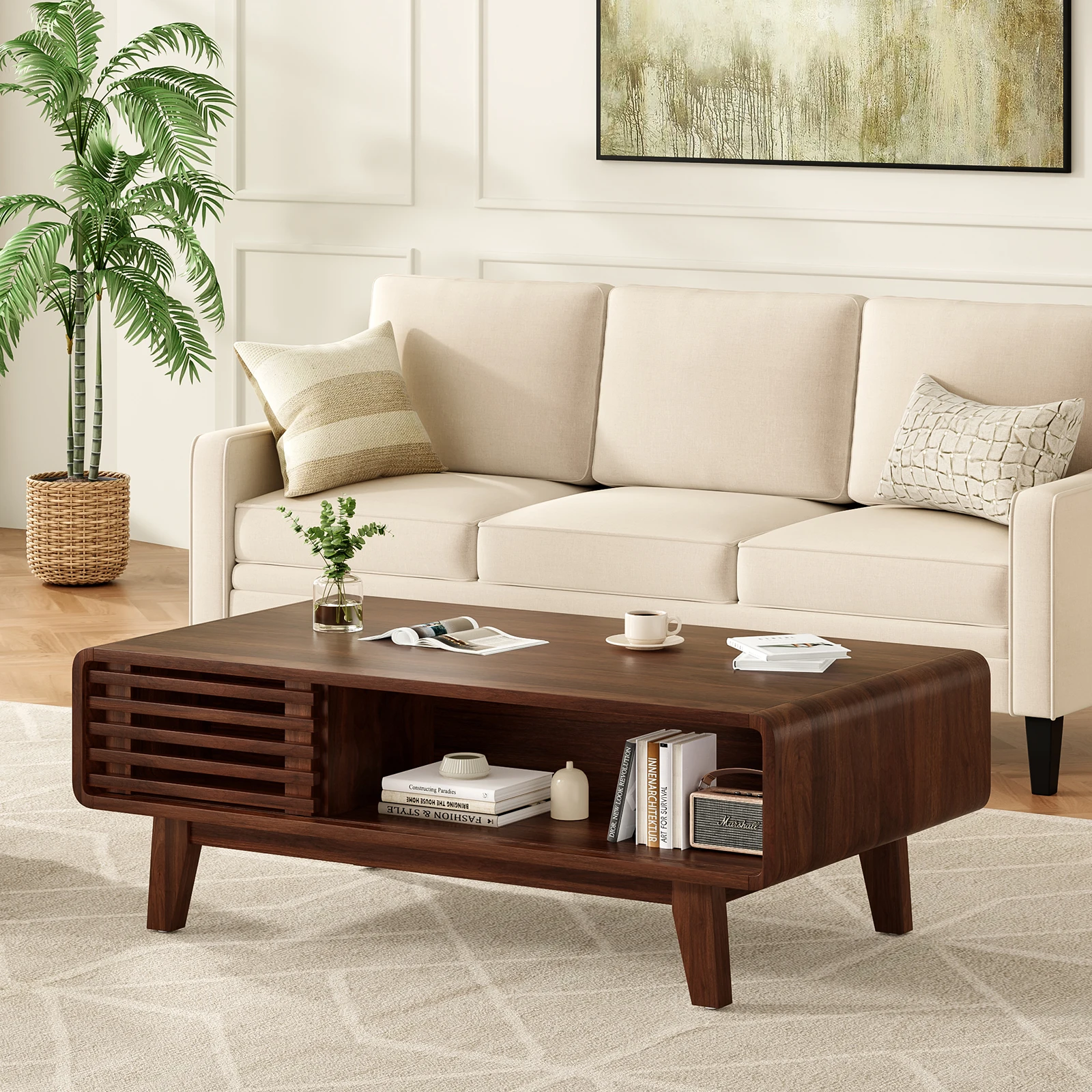 Mid Century Modern Farmhouse Coffee Table with Storage, Wood Table for Living Room, Farmhouse Style image 4