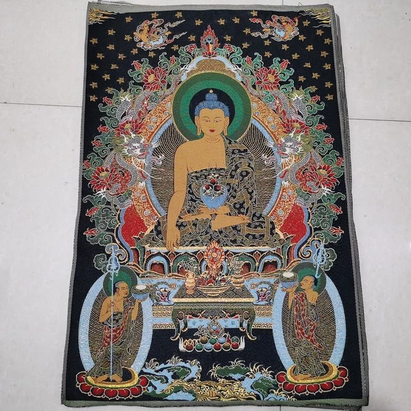 Tibet Tibetan Cloth Silk Double dragon shakyamuni buddha Thangka Tangka Embroidery Painting Embroidery Hanging Pictures