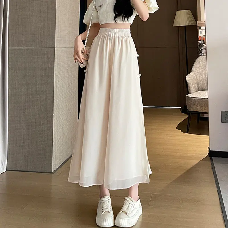Estilo chinês chiffon calças de perna larga para o verão feminino 2025 novo solto tornozelo comprimento casual saia fina calças cintura alta baggy
