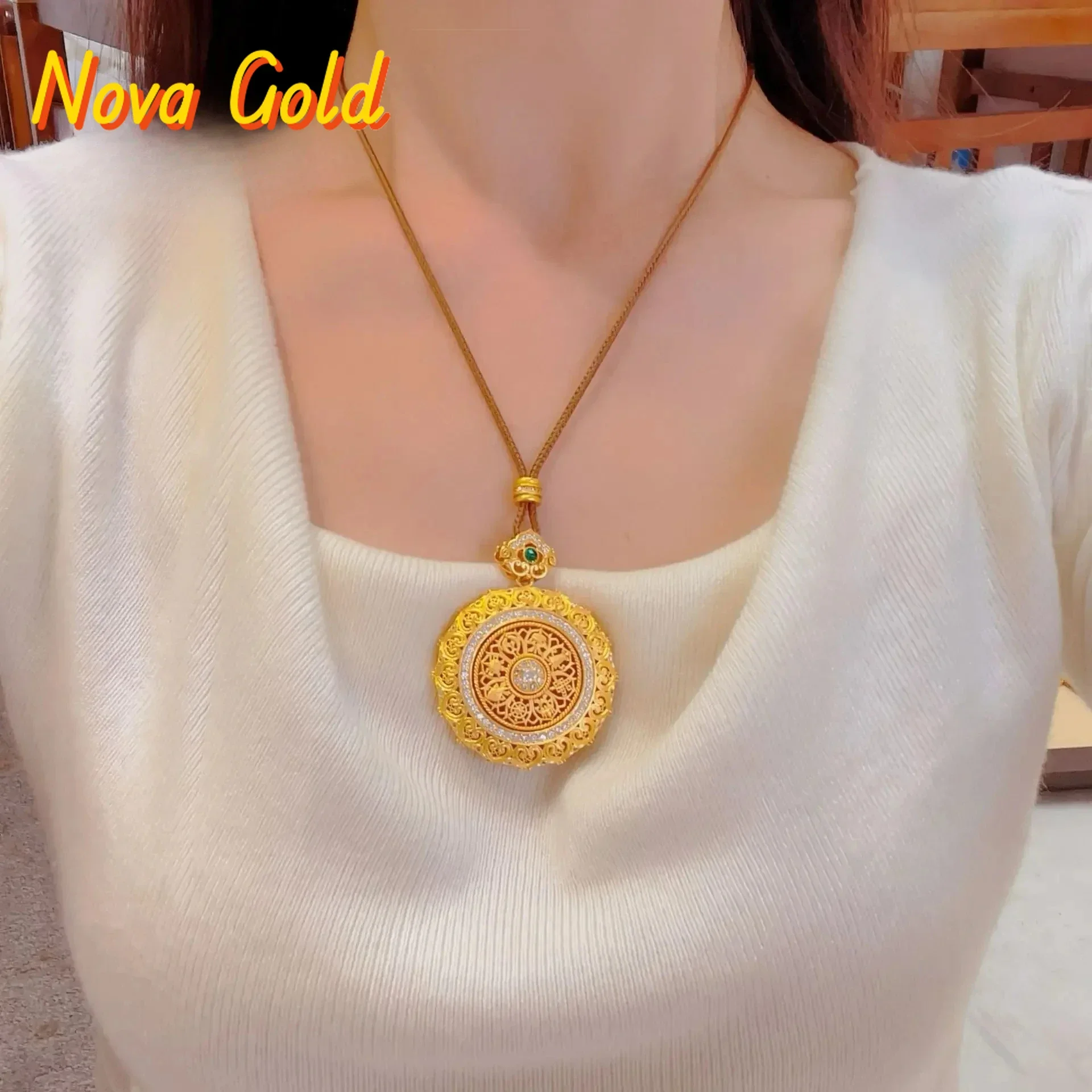 NovaGlod Gold shop 24K real gold rotatable Ruyi compass pendant au999 pure gold dot diamond rotating eight treasure compass