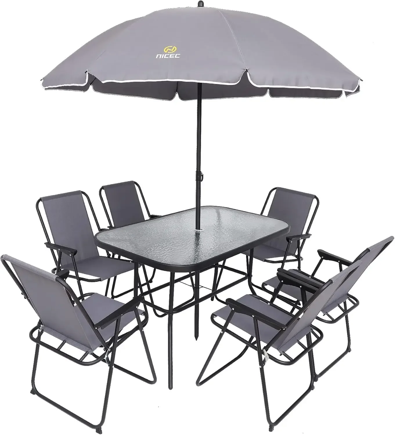 8 Piece Set with Umbrella, Garden Outdoor Furniture Table Set with Removable Umbrella, Glass Table, and 6 Folding Chairs (Grey)