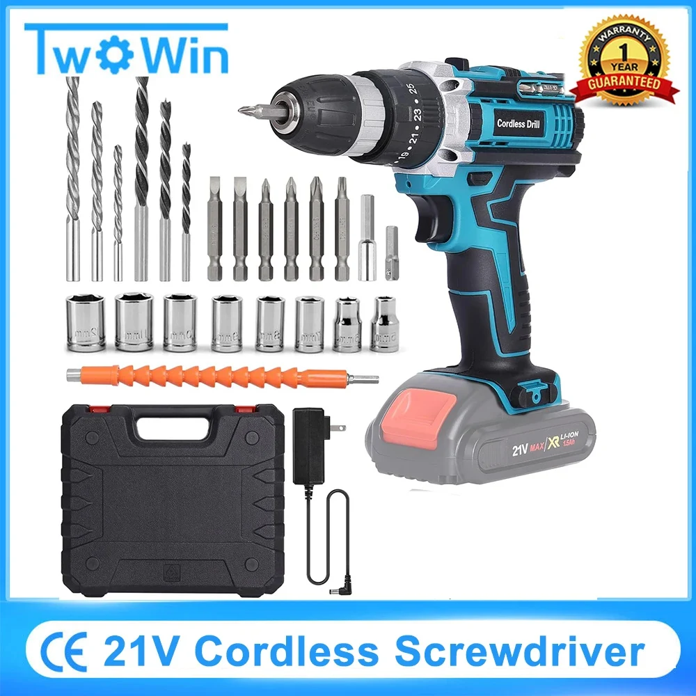 

TWOWIN 21V Cordless Screwdriver Set Rechargeable Electric Screwdriver Cordless Drill 3-in-1 Impact Srill Set Tools For DIY House