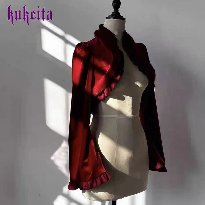 Kukeita Gothic Lolita Velvet Bolero Jacket Women Faux Fur Ruffles Collar Long Sleeve Elegant Cardigan Cape Tops Vintage Coats