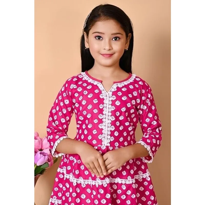 Indian Kids Traditional New Ethnic Beautiful Print Kurta Palazzo Set For Girl