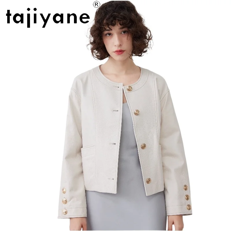 TAJIYANE Sheepskin Genuine Leather Jacket Woman Round Neck Leather Coat Cropped Jackets for Woman Outerwear Office Lady Дубленка