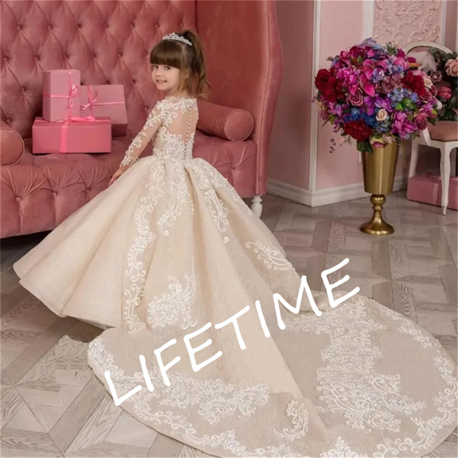 Lindo vestido florido para crianças, marfim, fofo, cetim, manga comprida, renda, casamento, elegante, primeira comunhão, personalizado