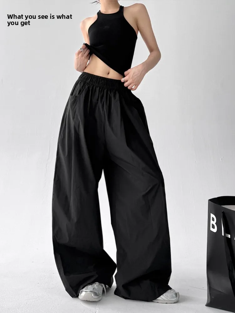 กางเกงขายาวทรงหลวมเอวสูงผ้าบางแห้งเร็วสำหรับผู้หญิง ฤดูร้อน 2025 สไตล์ลำลอง ผ้าผสมคอตตอนใส่สบาย