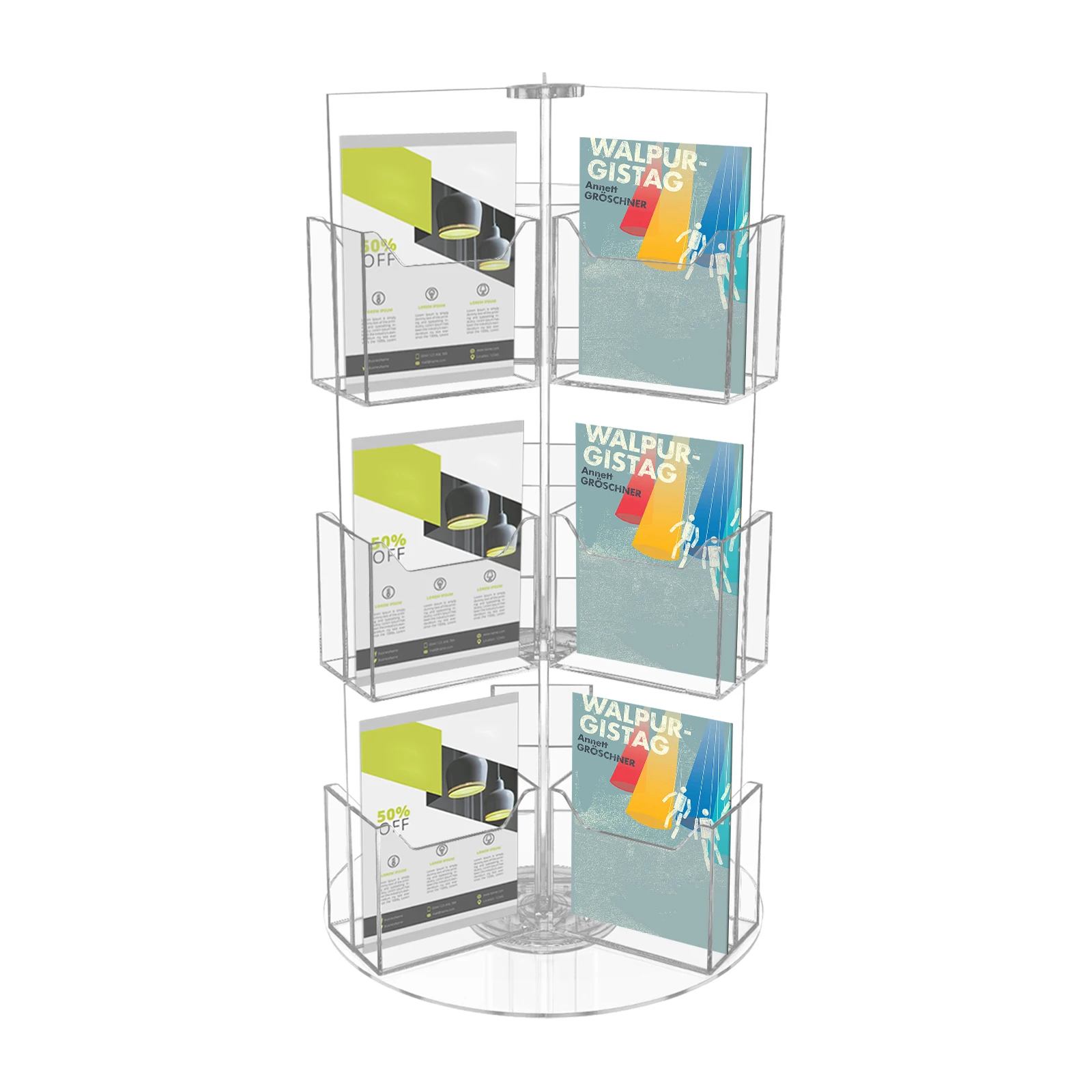 Acrylic Brochure Holder, 3-Tier 18 Pockets, 360° Swivel, Large Capacity, For Office, Store, Display Flyers, Menus