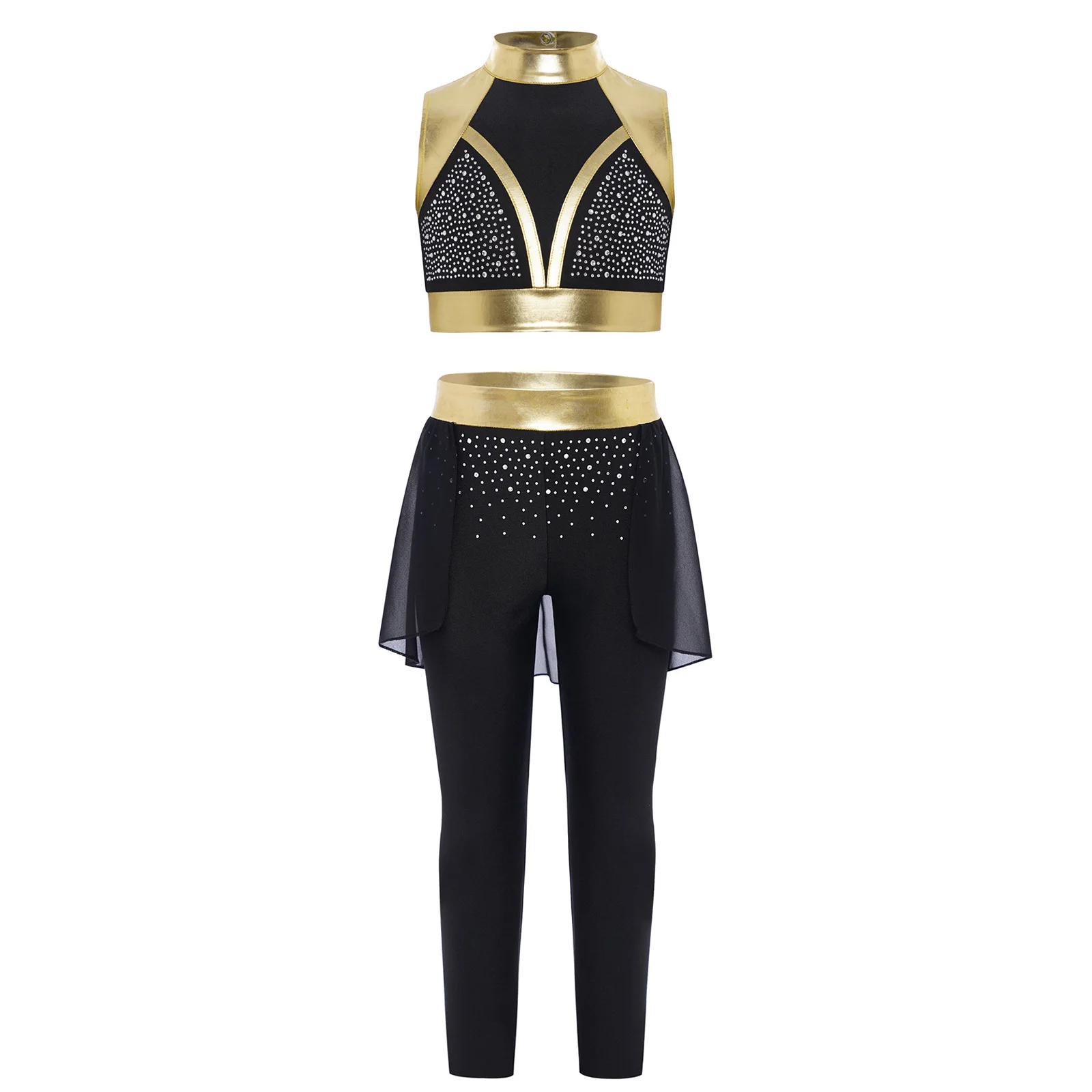 Girls Gymnastics Ballet Dance Outfits Shiny Rhinestones Metallic Crop Top with Pants for Figure Skating Cheerleading Performance