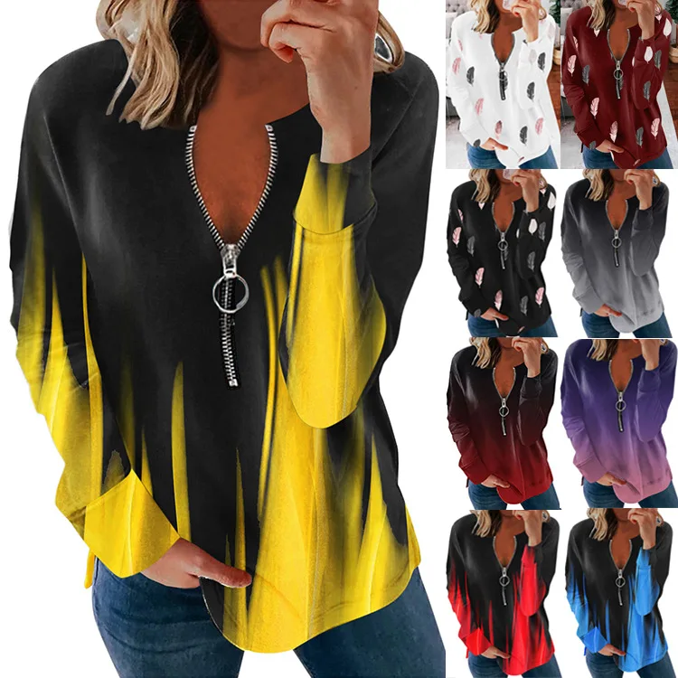 T Shirt Women 2021 New Europe United States v-neck long-sleeve Gradually Color Flame Loose Zipper T-shirt Tshirt Clothing ZC238