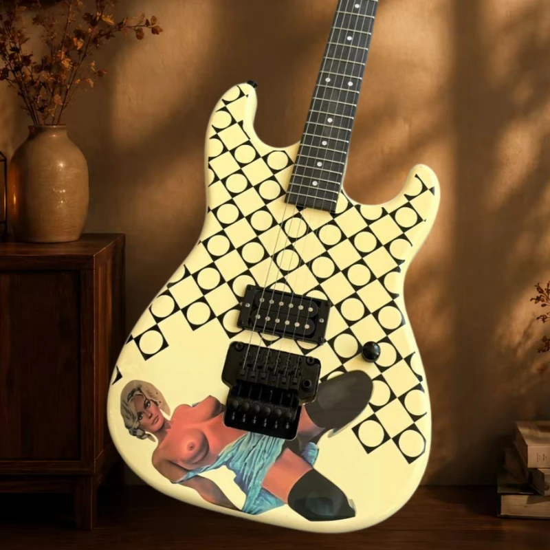 Beauty Girl Sticker STGUI Professional Cream Guitar with Beauty Square-round Pattern Double-locking Bridge Guitar Free Shipping