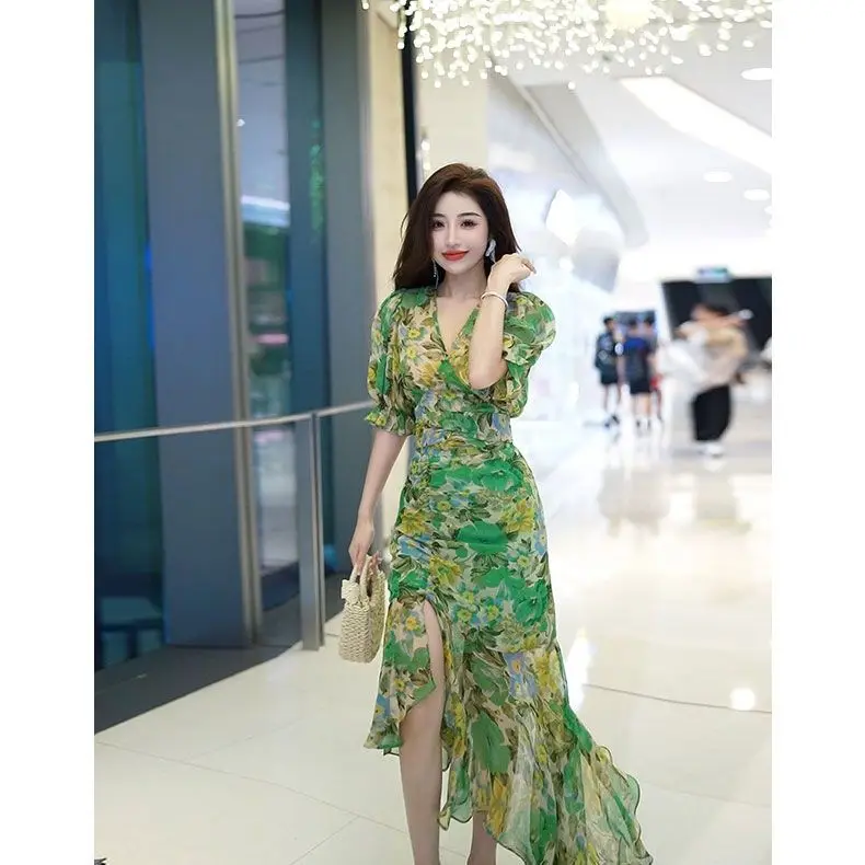 New Summer Fashion Style Waist-hugging Dress 2025 Dark Green Printed Skirt