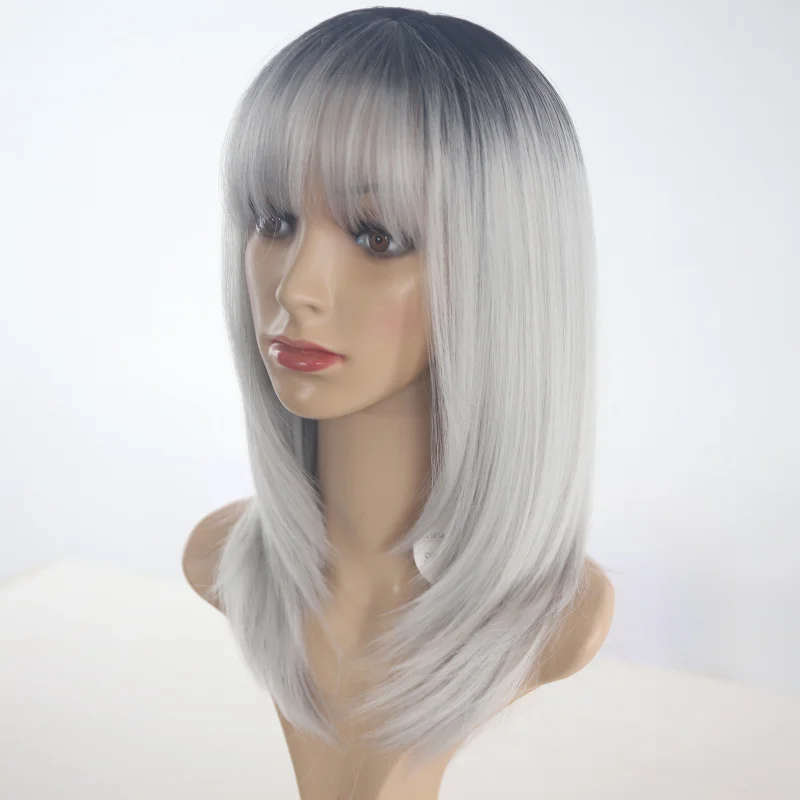 European and American gradient gray medium-length straight hair with bangs, high-temperature fiber women's layered wig