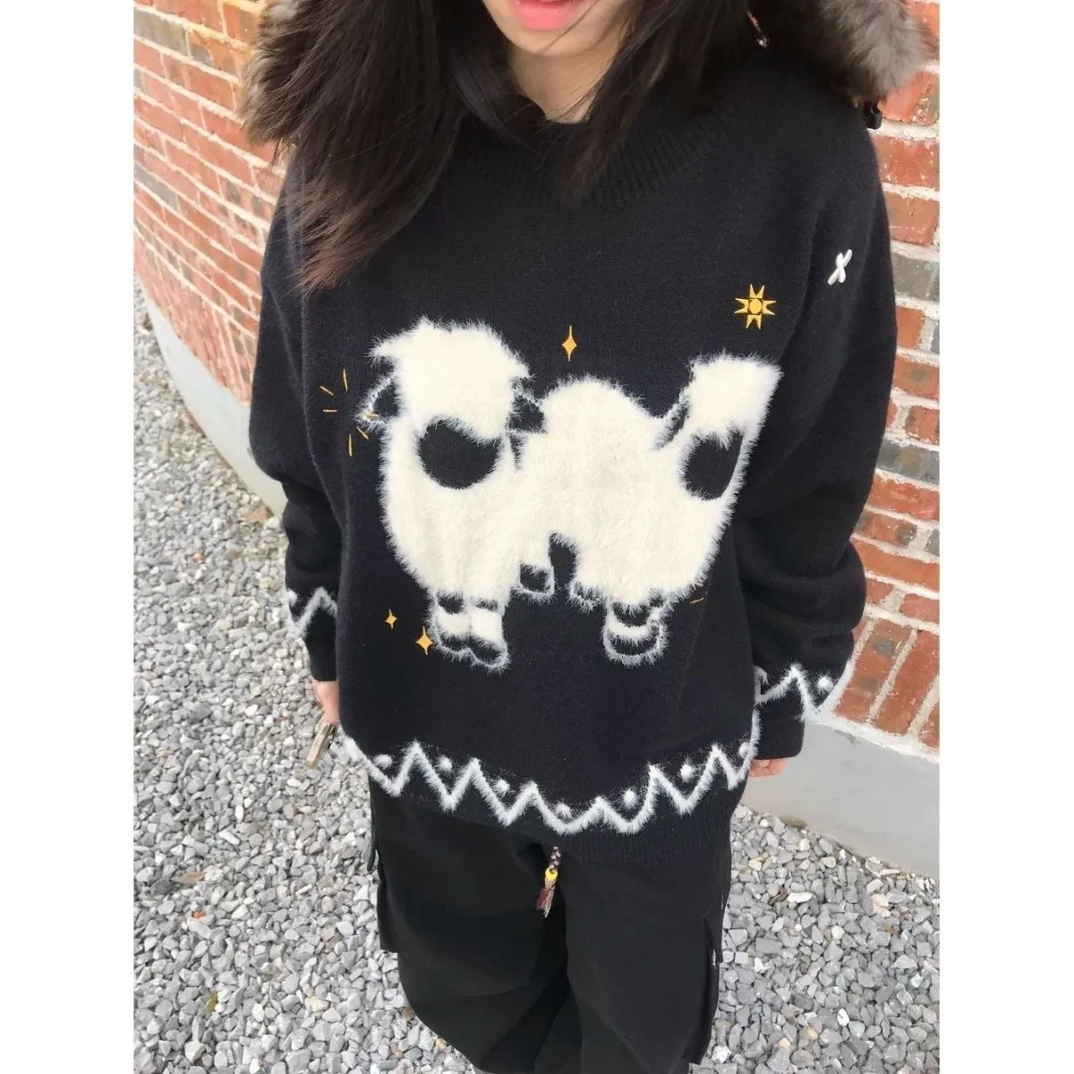 

Cute sheep embroidered loose pullover sweater sweet cute casual vintage Harajuku y2k E-girls kawaii Aesthetic chic sweater tops