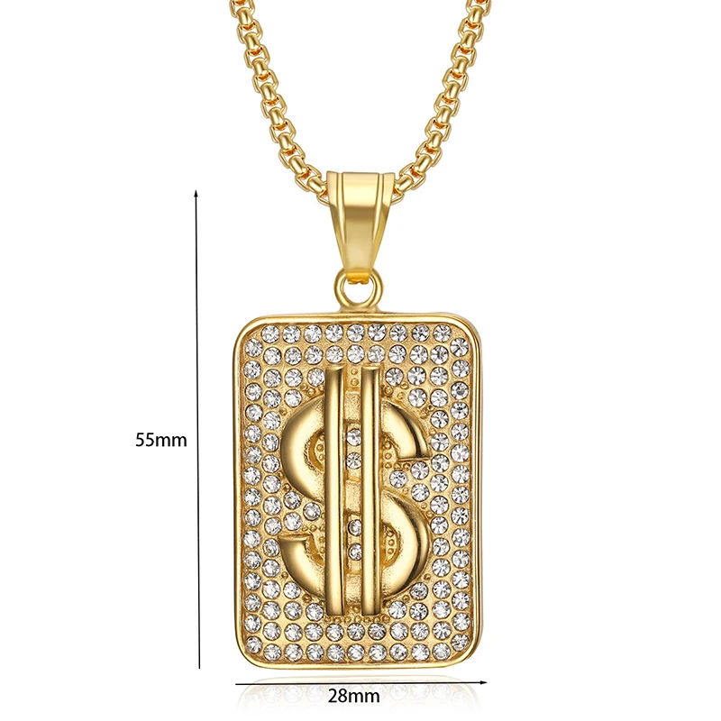 Hip Hop Bling Iced Out Solid Stainless Steel Dollars Money Sign $ Pendants Necklace for Men Rapper Jewelry Gold Silver Color